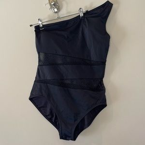 One shoulder Black Mesh Carmen Marc Valvo Swim Bathingsuit, size 14
